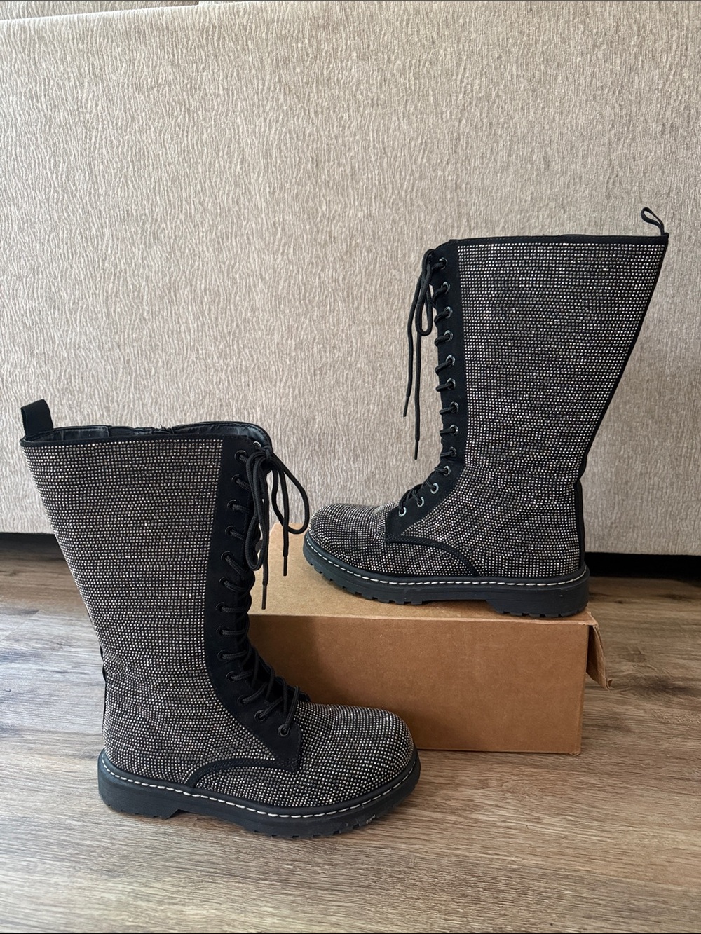 Torrid Betsey Johnson Knee High Embellished Silver Rhinestones Lace-Up Boots - Picture 11 of 16